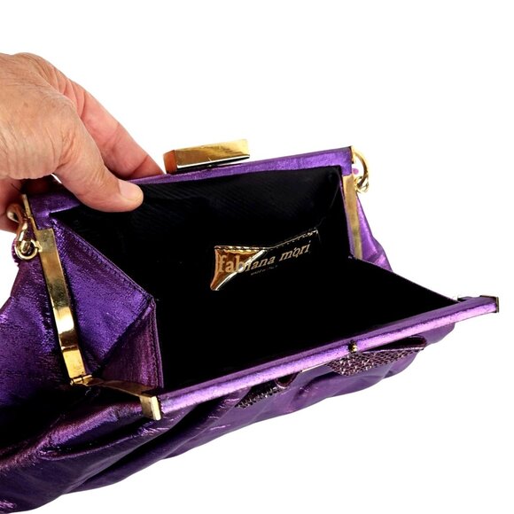Fabiana Mori Italian Purple Satin Evening Bag Rhinestone Bow Chain Handle 2010s - Picture 10 of 12